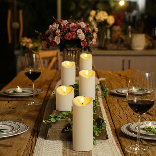 Image of Homemory Outdoor Waterproof Flameless Candles, LED Candles, Battery Operated Candles with Remote and Timers, Electric Fake Plastic Pillar Candles, Ivory White, D3 H4 5 inch 6 inch 8 inch 8 inch, Set of 5