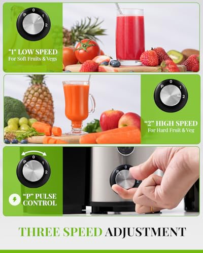 GDOR Juicer Machine 800W 3" Wide Mouth Juicer for Whole Fruits and Vegetables 3 Speeds Centrifugal Juicer Quick Juicing Juice Extractor Machine Easy to Clean with Brush Stainless Steel BPA-Free - Image 3