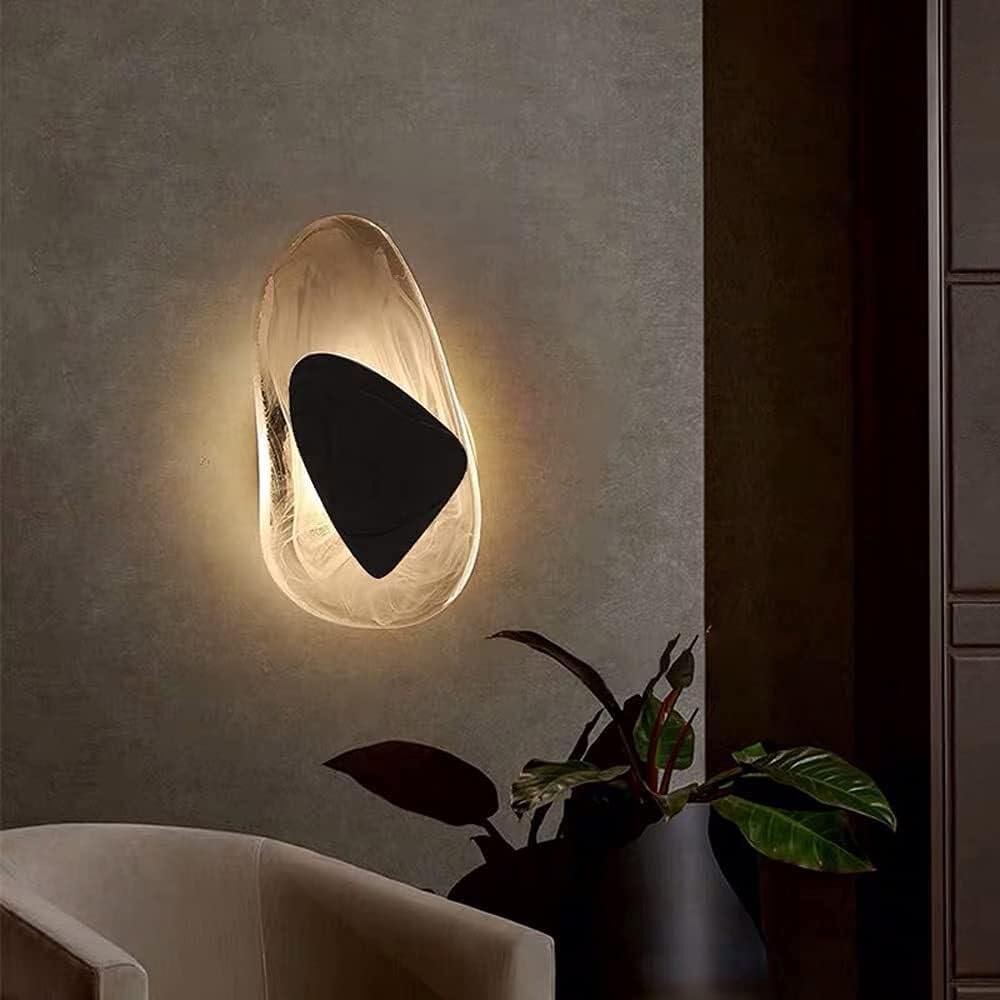 Applique da Parete per Camera da Letto, Stile Nordico, per Interni, con LED, Design aerodinamico in Vetro e Pietra, Luce Calda e soffusa (Nero).