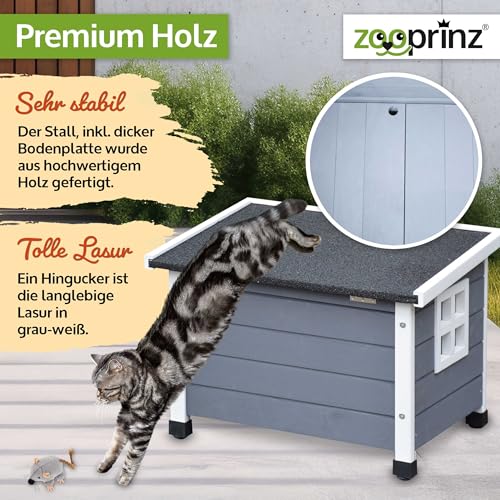 zooprinz Premium Holz Katzenhaus – Katzenkiste mit Dach zum Öffnen, Fenster und Schwingtür – Sisalband an der Katzenbox – Wetterfest für Garten/Balkon – Innen- und Draußen Hütte (Grau-Weiß, Standard)