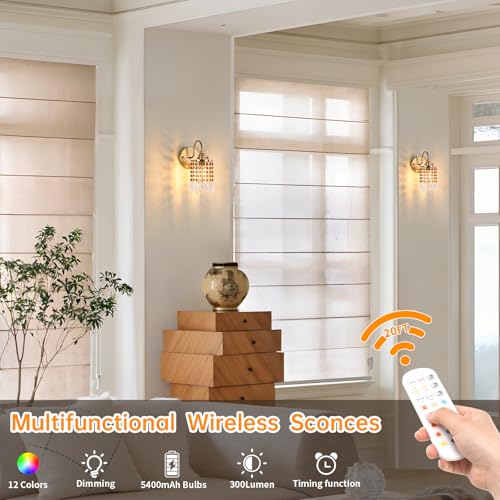 Image of Shenmoyl Set of 2 Crystal Battery Operated Wall Sconce, Rechargeable Battery Powered Wall Lamp with Remote Control, Modern Dimmable Wall Lights for Bedroom Bathroom(Tawny, Gold Base)