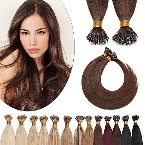 Sego Nano Ring Hair Extensions Human Hair Balayage Nano Beads Pre-Bonded Seamless Hairpieces Loop Hand Tied Nano Tip Remy Hair Highlight Hair For Women 1G/Strand 50G/Pack -22 Inch -4 Medium Brown #TOP16