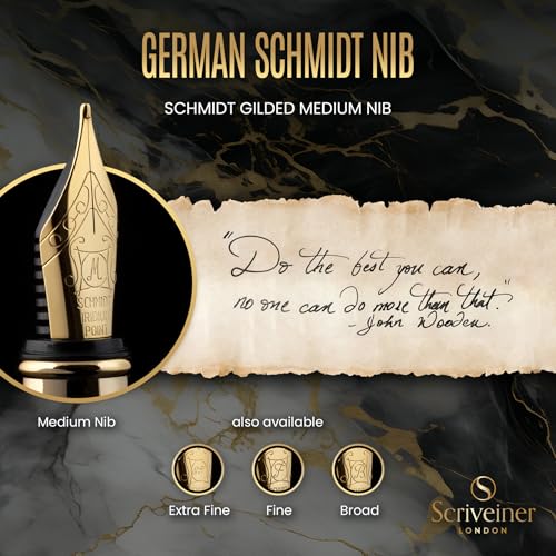 Image of Scriveiner Luxury Fountain Pen - Stunning Black Lacquer Pen, Real Gold Plating, Schmidt Gilded Nib (Medium), Converter, Best Pen Gift Set for Men & Women, Professional, Executive, Office, Nice Pens