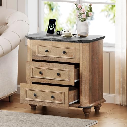 DWVO Nightstand with Charging Station, Farmhouse Bedside Table with 3 Drawers, Wood Night Stand w/Storage, Rustic Bed Side End Table for Bedroom Dorm Small Space, Brown