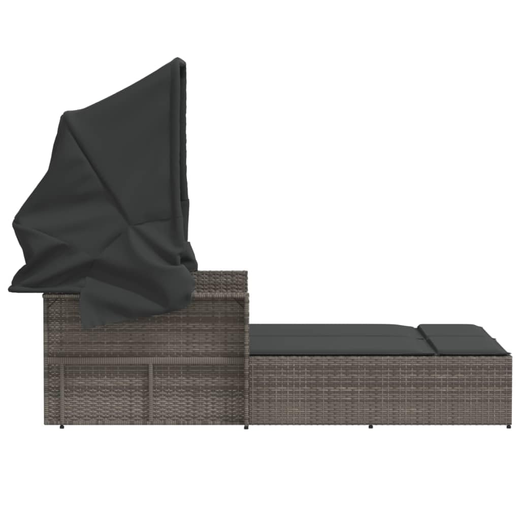 Polyrattan Doppelliege Doppel Sonnenliege mit Dach und Auflagen Garten Sonnenliege für 2 Personen Outdoor Liege - Rückenlehne verstellbar -Grau-