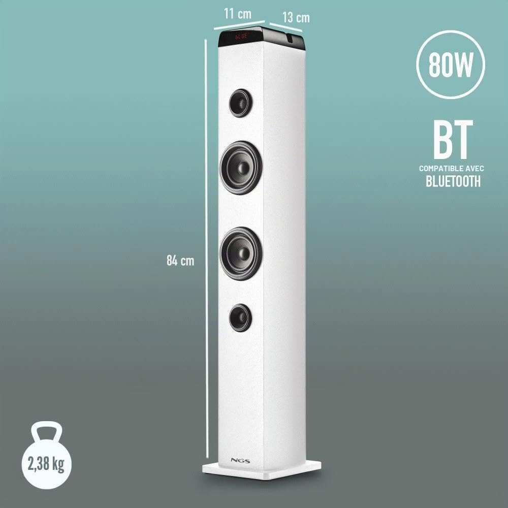 NGS Sky Charm Pro White - Tour de Son 50 W avec Bluetooth 5.4, Entrée Optique, USB, Entrée auxiliaire, Radio FM, Fonction de Diffusion, Entrée Microphone Karaoké, Télécommande, Blanche