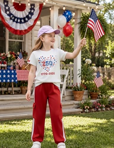 Image of Girls 2 Piece Outfit, Graphic Short Sleeve T-Shirt and Cargo Jogger Sweatpants Set, Ages 4-13