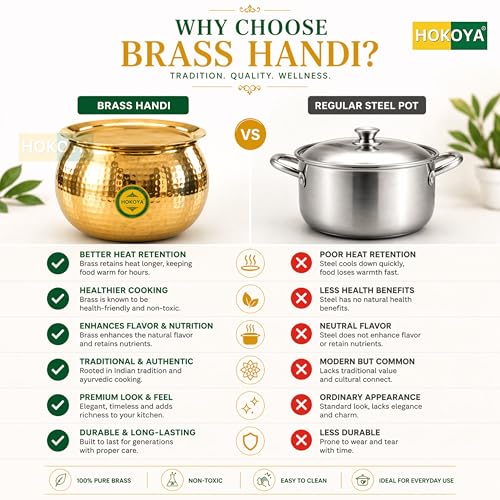 Image of HOKOYA Brass Handi with Lid | Heavy Hammered Pital Cooking Pot for Biryani, Dal, Rice | Indian Kitchen Utensil & Gifting (10 LTR)