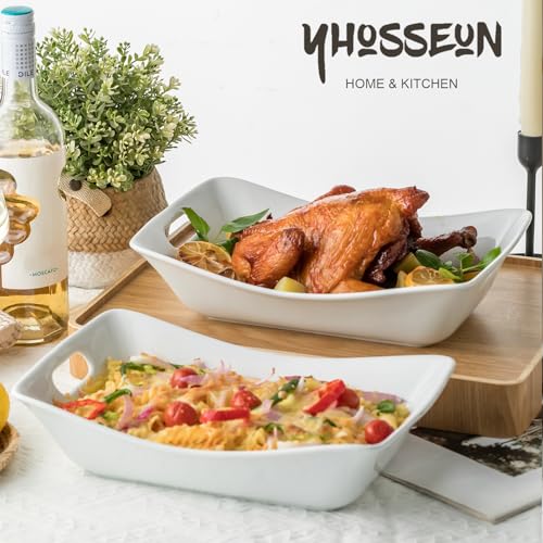 YHOSSEUN Large Serving Bowls with Handles White Serving Dishes For Entertaining, 1.5 Quarts Ceramic Bowl Set Rectangle Serving Platter for Thanksgiving, 2 Pack - Image 5