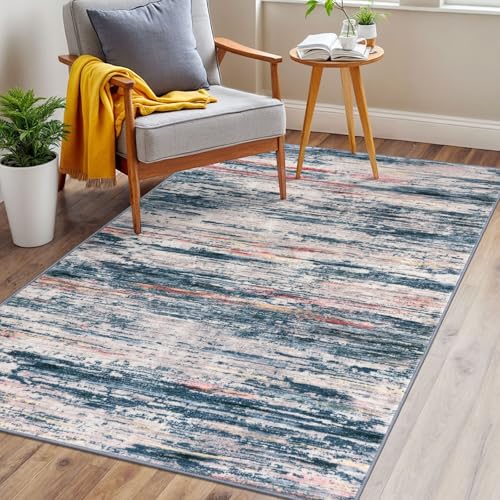 3x5 Teal Blue Peach Gray Multi Modern Abstract Rug for Farmhouse, Super Soft Washable Rug with Non-Slip, Low-Pile Indoor Door Area Rugs for Living Room Bedroom, Living Carpet with Non-Shedding