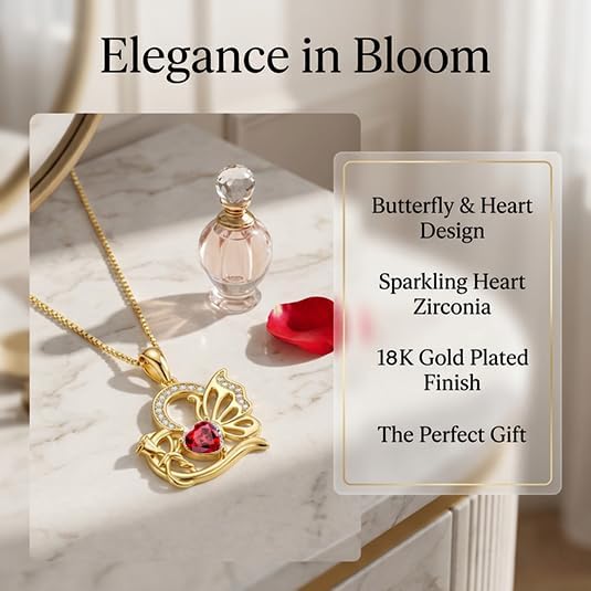 Birthstone Heart butterfly Necklace for Women, Infinity Pendant 14K Gold /18K White Gold Womens Necklaces, Jewelry Anniversary Birthday Christmas Gifts for Her Mom Wife