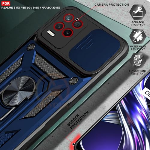 Image of Armor Bumper Back Cover Case for Realme 8 5G / 8s 5G / Narzo 30 5G Rotating Camera Cover, Ring Holder & Kickstand | Heavy Duty & 360 Degree Protection Back Cover (Blue)