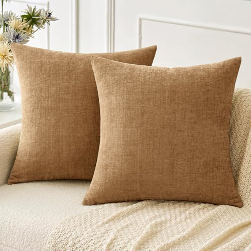 Image of MIULEE Pack of 2 Couch Throw Pillow Covers 20x20 Inch Soft Apricot Brown Chenille Pillow Covers for Sofa Living Room Fall Home Decor Solid Dyed Pillow Cases
