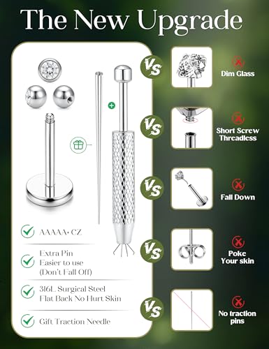 CASSIECA 16G Labret Piercing Hypoallergen Tragus Helix Nasen Piercing Ohr Silber Chirurgenstahl & Acryl Lippen Piercings Stecker 6/8/10MM Ersatzkugel Schraubkugel Piercings Kugel Aufdreher Set