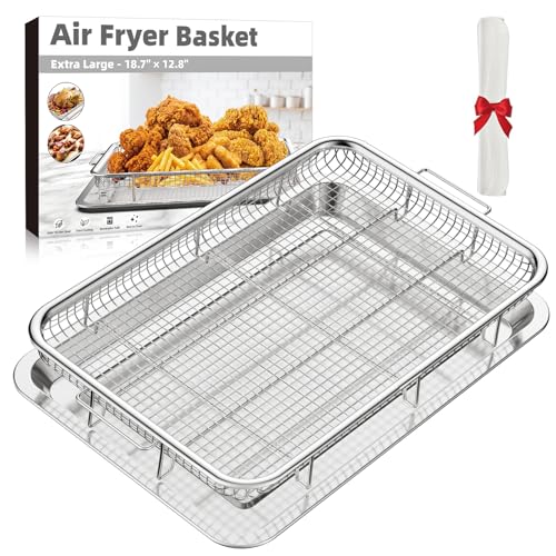 Image of Air Fryer Basket for Oven,THORSES Oven Air Fryer Basket and Tray Set | |with 30 Pcs Parchment Papers| 0.6mm Thicken Stainless Steel |XL Size Air Fryer Pan and Tray for Frying Baking|18.8 inch x 12.8 inch