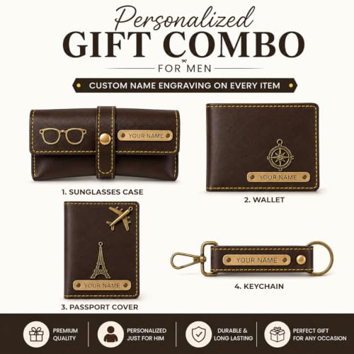 Image of Customized Wallet Combo Gift Set for Men | Faux Leather Wallet, Passport Cover & Keychain with Name & Charm | Personalized Gift for Birthday, Rakhi & Anniversary (Brown wkps)