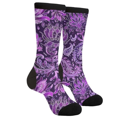 YISHOW Watercolor Purple Paisley Flowers Socks Casual Funny Crazy Dress Socks