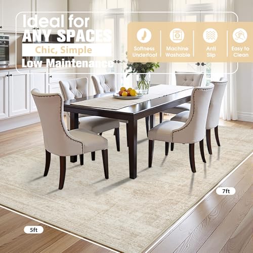Image of Aelenmu 5x7 Area Rugs for Living Room Washable Bedroom Dining Room Beige | Modern Abstract, Non-Slip Backing, Soft, Low-Pile, Foldable, Water Repellent, Pet Proof, Non-Shedding, Indoor