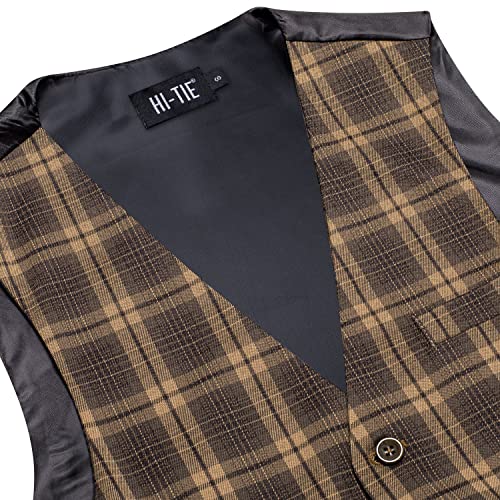Hi-Tie Dark Brown Plaid Suit Vest for Men Formal Daily Single Tailored Collar Dress Waistcoat Sleeveless V-Neck3