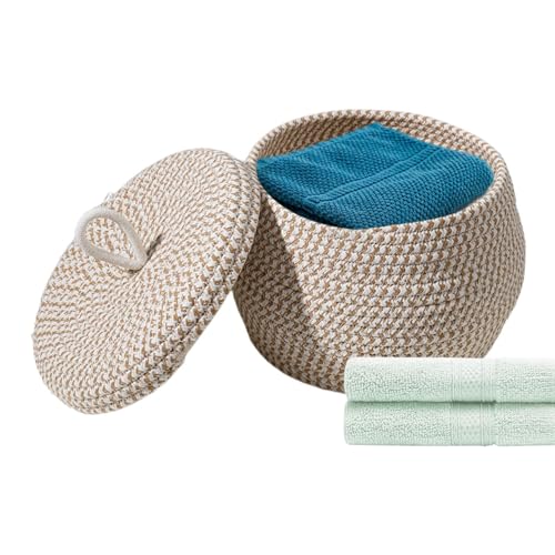 Organizador de cuerda tejida - Cesta de almacenamiento decorativa, caja trenzada hecha a mano | Contenedor duradero con tapa para aperitivos, servilletas, botones de maquillaje, toallas