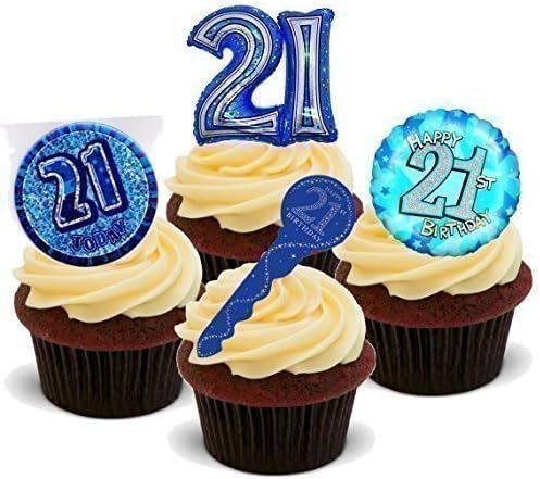 Baking Bling NOVELTY 21ST BIRTHDAY PARTY MIX Male Man Blue - Standups 12 Edible Standup Premium Wafer Cake Toppers