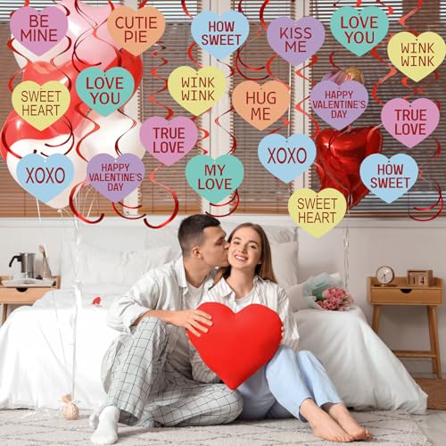Image of 72 Pcs Valentine's Day Hanging Swirls Decorations Be Mine Love Conversation Valentine Party Decoration Ceiling Decorations Foil Swirls for Home Office Party Favors Supplies