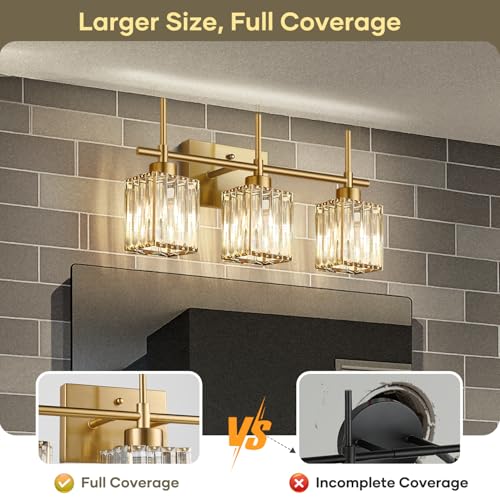 Image of Torondo Modern Crystal Bathroom Vanity Light 3-Light Brushed Gold Bathroom Light Fixtures Over Mirror Brushed Gold Vanity Lighting Fixtures Square Shade Brass Wall Sconce (Bulbs Not Include)