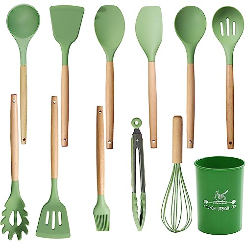 Kitchen Utensils Set, 12Pcs Silicone Cooking Utensils Set, Silicone Utensils Set, Kitchen Accessories for Nonstick Utensil Set, Kitchen Tools & Gadgets, Avocado Green