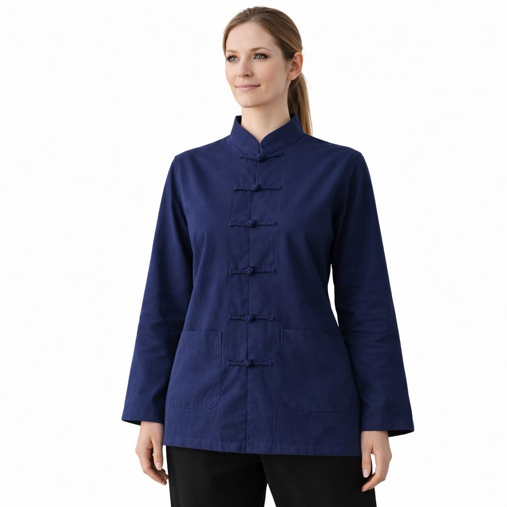 Lazutom Womens Linen Long Sleeve Chinese Martial Arts Kung Fu Tai Chi Tang Suit Shirt Top Blue