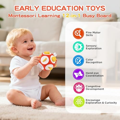 Image of 12-in-1 Plastic Busy Cube Toy for Toddlers - Educational Sensory Activity Ball with Rattle, Buttons, Gears & Mirror - Montessori Fine Motor Skills Travel Toy for Babies 0-3 Years (Red Cube)