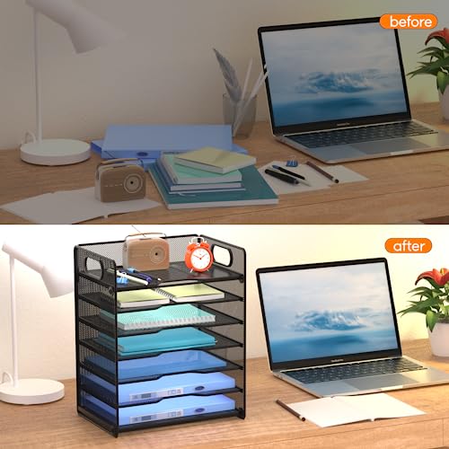 Samstar 7 Tier Paper Letter Tray, Mesh Desk File Organizer File Sorter Rack Shelves with Handles, Black image 4