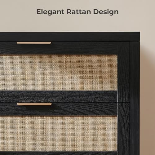 Image of SICOTAS Rattan Dresser for Bedroom, 57 inch Wide 6 Drawer Dresser with Ample Storage, Wooden Dressers Large Chest of Drawers, Closet, Boho TV Stand for Bedroom (Black Oak, 1 Piece)