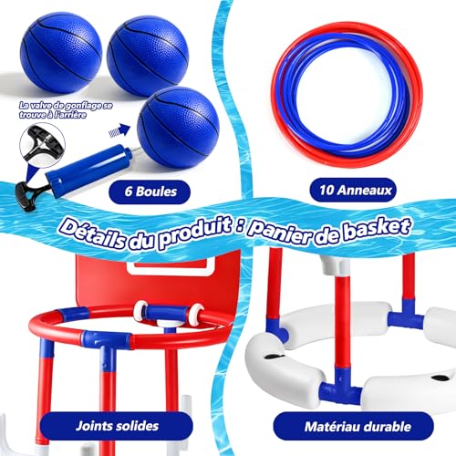 Joellfuner Pool Basketballkorb, Wasser Basketballkorb Pool, Basketball für Pool Spiele, Wasserspiel Basketballsets mit 6 Bällen und 10 Wurfringe, Pool Spielzeug Sommer für Kinder Erwachsene (Rot)