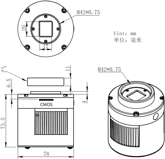 Technical drawing with dimensions of the ZWO ASI533MC-P camera