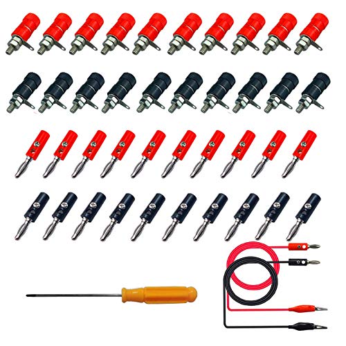 HUAZIZ Lot de 40 Fiche Banane 4 mm et Douilles Banane, 20 Paires Fiche Banane 4mm Audio Haut-Parleur Câble Connecteur, Rouge et Noir, pour Haut-Parleur, Audio/Vidéo Récepteur