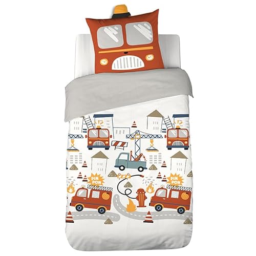 CÔTE DECO Parure da letto per pompiere, 140 x 200 cm, per bambini, copripiumino per camion dei pompieri + 1 federa 63 x 63 cm, girofaro trapuntato – tema pompiere in microfibra