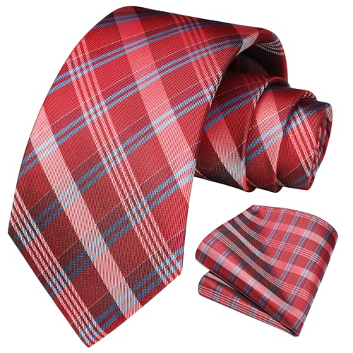 Image of HISDERN Ties for Men Formal Business Plaid Checked Mens Ties and Pocket Square Set Classic Wedding Necktie Handkerchief