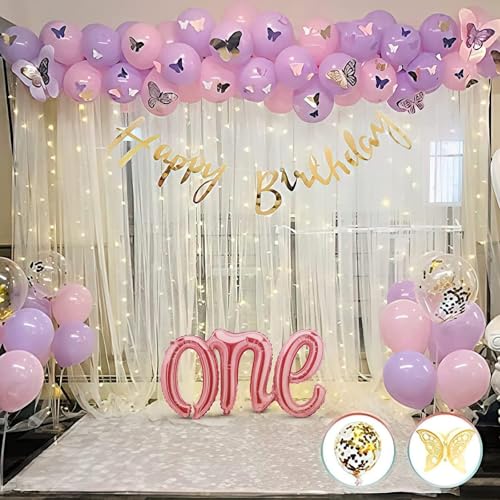 Image of SpecialYou.in Butterfly Theme 1St Birthday Decoration Items For Girls With Pastel Pink & Purple Balloons For Birthday Decor & One Foil Balloon, Birthday Balloons For Decoration - 74 Pcs