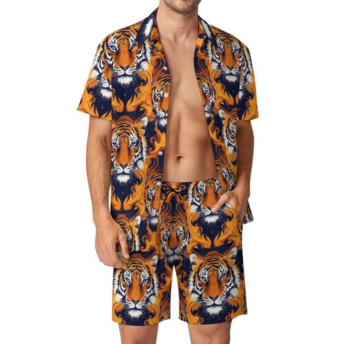 Lyngora Yellow Flame Tiger Head Print Mens Summer Vacation Cruise