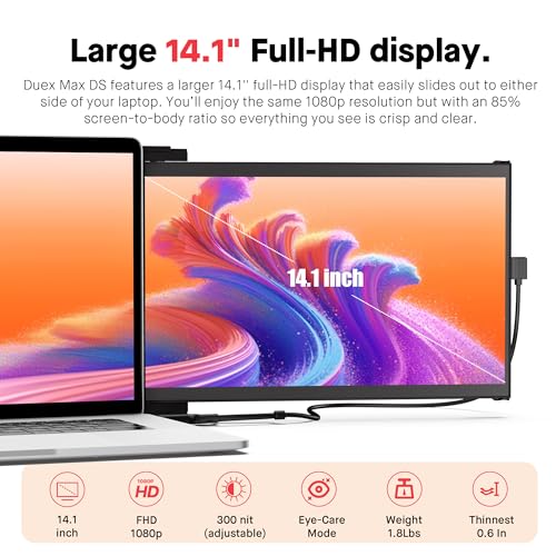 Image of Mobile Pixels New Duex Max DS 14.1'' FHD 1080p Laptop Screen Extender, USB Type-C /HDMI Ports, Portable Monitor for 14'' to 17 Inch Laptops, Compatible with macOS /Windows /Apple /Android /Switch(Black)