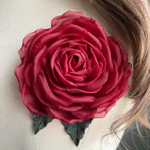 Image of Camellia Bees Handmade Deep Red Silk Rose Brooch 3.5 inch - Maroon Organza Flower Corsage Pin gift for Women, 12th Silk Anniversary Keepsake for Her (Deep Red)