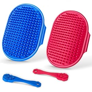 4PCS Dog Bath Brush | Scrubber for Bath | Shampoo Brush | Toothbrush | Finger Toothbrush | Dog Shower/Washing Brush with Adjustable Ring Handle – Pet Bath Supplies (Blue Red)