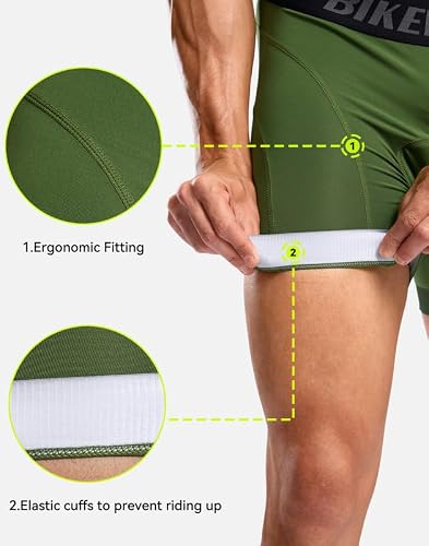 Bikewa Men\'s Cycling Underwear with Anti-Slip Leg Grips 4D Padded Bike Shorts MTB Liner for Bicycle Biking Riding(Army Green,M)