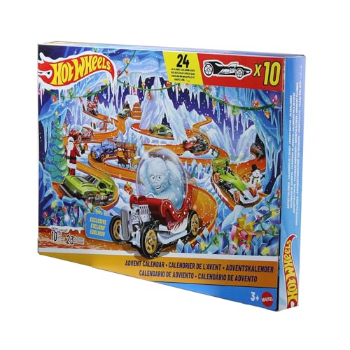 Hot Wheels Spielzeugautos und Spielset Adventskalender 2026 mit 10 Fahrzeugen im Maßstab 1:64 14 winterlichen Zubehörteilen und 10 Clips zum Befestigen JLG41