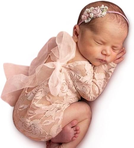 ForBaysy Traje de fotografía para recién nacido, mameluco de encaje con diadema, disfraz de princesa infantil