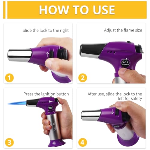 Image of TBTEEK Butane Torch T901, Kitchen Torch Cooking Torch with Safety Lock & Adjustable Flame for Cooking, BBQ, Baking, Brulee, Creme, DIY Soldering(Butane Not Included), Purple