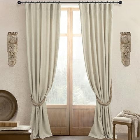 Flax Linen Pattern Curtains 96 Inches Long for Living Room 2 Panels Back Tab Pinch Pleated Pocket Boho Drape Light Filtering Sheer Rustic Farmhouse Modern Cottage Beige Curtains for Bedroom 8 FT 52x96 Cover