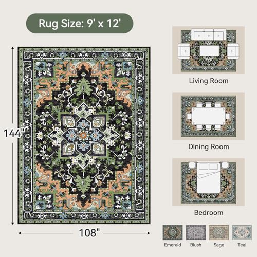Lofus 9x12 Area Rugs for Living Room, Machine Washable Area Rug, Soft Large Rugs for Bedroom, Kitchen, Office and Indoor, Vintage Boho Carpet, Non-Slip Low Pile Carpets, Dark Green