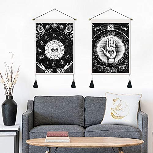 Yugarlibi Set of 2 Hand of Fatima Tapestry Wall Hangings with Tassels, Black Evil Eye Tapestries, Astrology Zodiac Constellations Wall Art for Bedroom Living Room, 35x50cm