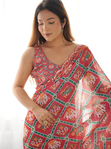 Image of Panzora Women's Chinon Printed Saree With Unstitched Blouse Piece